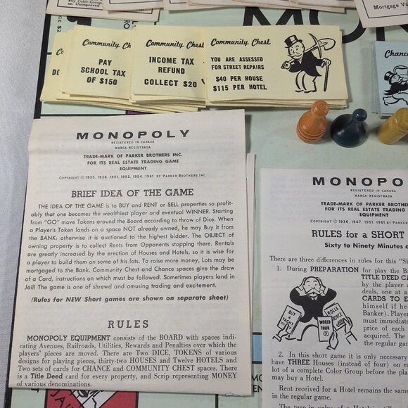 Vintage Monopoly Parker Brothers 1961 Real Estate Trading Board Game Equipment - Picture 8 of 16